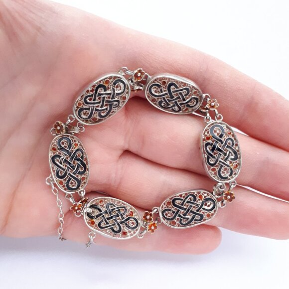 VINTAGE 925 Silver Filigree Lace Oval Link Bracelet with Black and Red Enamel - Picture 4 of 7